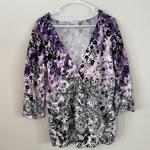 VTG Womens Christopher & Banks Large Floral Purple White Cardigan Sweater Cotton